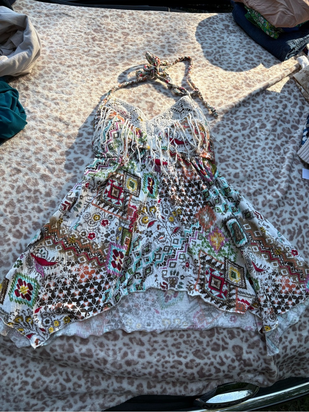 Y2K Boho Fringe Patchwork Halter Top Size Medium